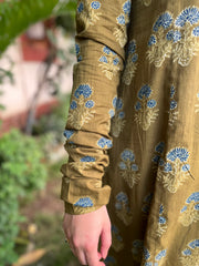 Mehendi green Ajrakh print A-Line Kurta with chudi sleeve - MYSANSKRITAM