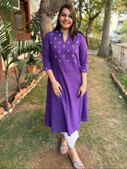Purple embroidered yoke A-line kurta with pockets