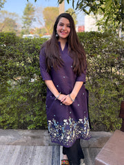 Purple embroidered Linen Kurta by MySanskritam