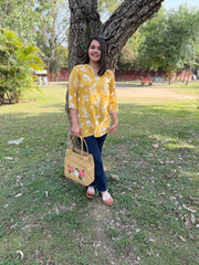 Lemon yellow floral kantha short kurti