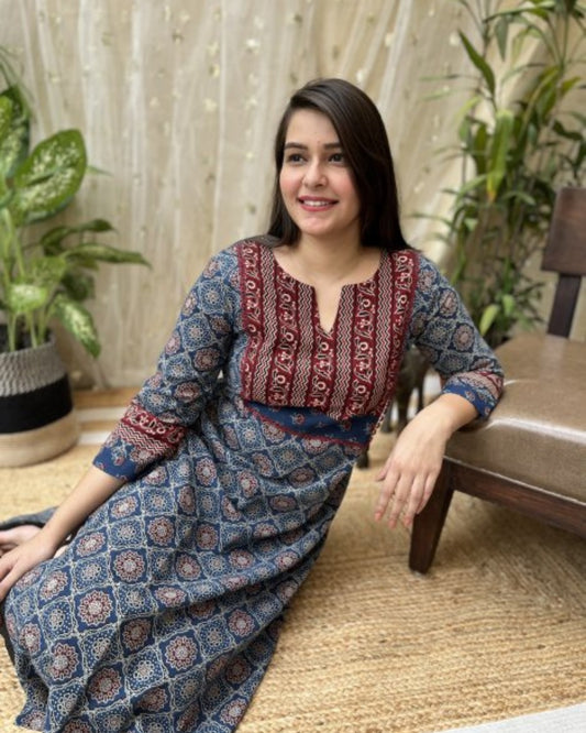 Indigo ajrakh Yoke kurta