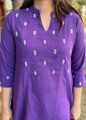 Purple embroidered yoke A-line kurta with pockets