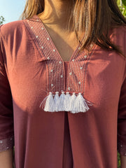 Pink A-line Embroidered Co-ord neck detail Set by Sanskritam