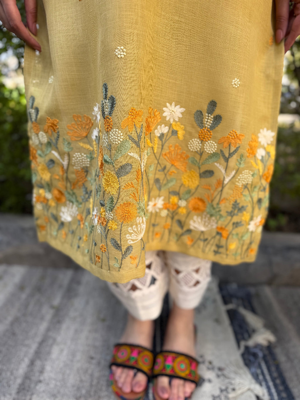 Lemon embroidered Linen Kurta embroidery detail by MySanskritam