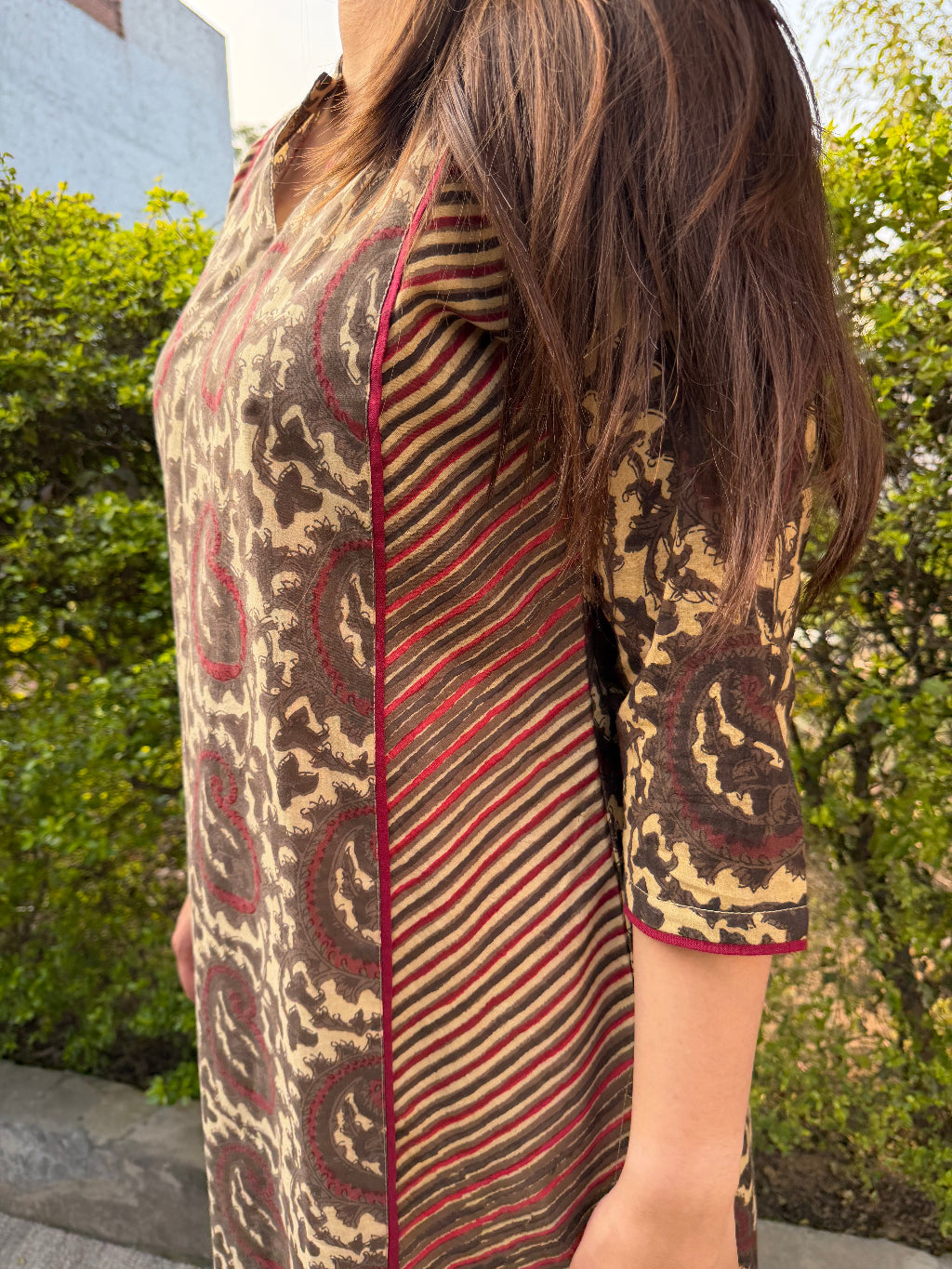 Ruhani Brown Rose Handblock Kurta from the side by Sanskritam