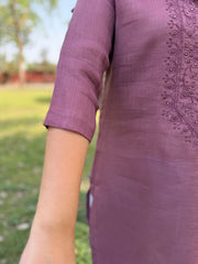 Rose pink embroidered linen kurta