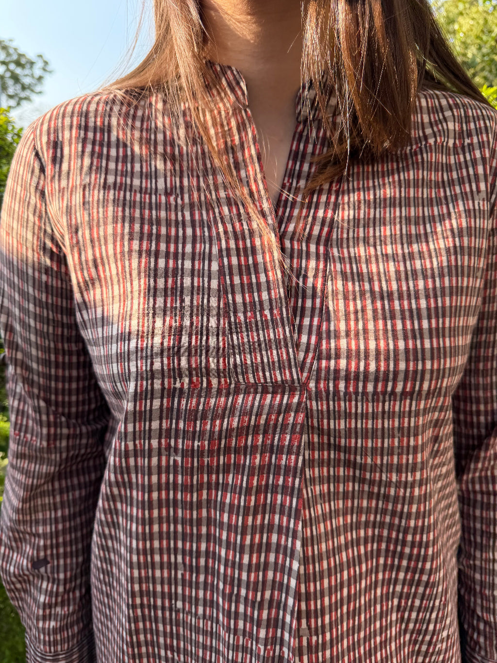 Brown Lines Handblock printed Co ord Set close up by MySanskritam