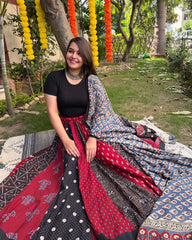 Maroon Multi kali skirt with Ajrakh cotton duppata