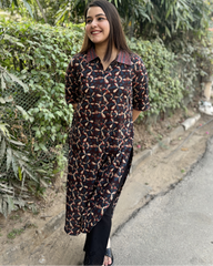 Dark brown overall printed kurta with pocket