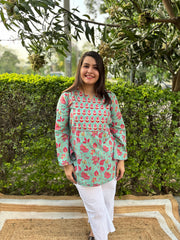 Sea green floral yoke kurti