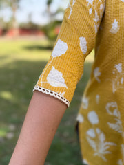 Lemon yellow floral kantha short kurti
