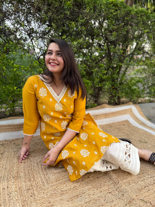 Mustard Full embroidered Long kurta