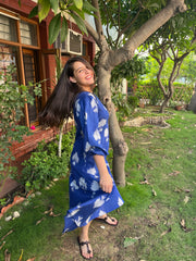 Royal Blue Ikkat Dress (with pocket) - MYSANSKRITAM