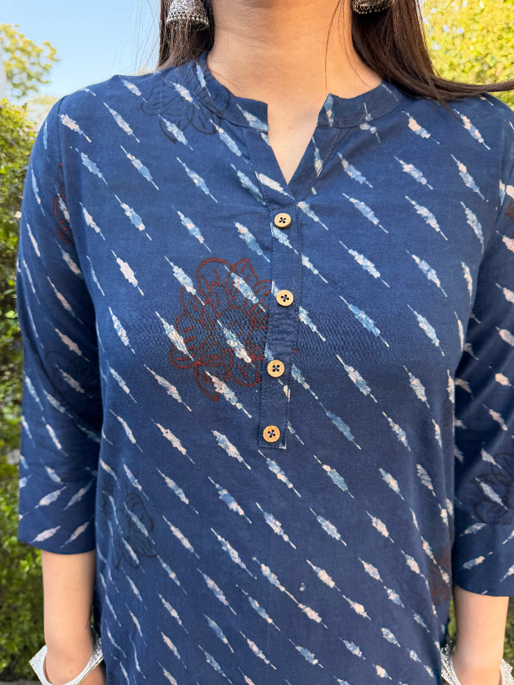 Indigo Geometric Ajrakh Kurta close up by MySanskritam