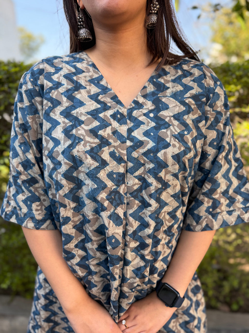 Indigo Zig Zag Bagru Top Close Up by MySanskritam