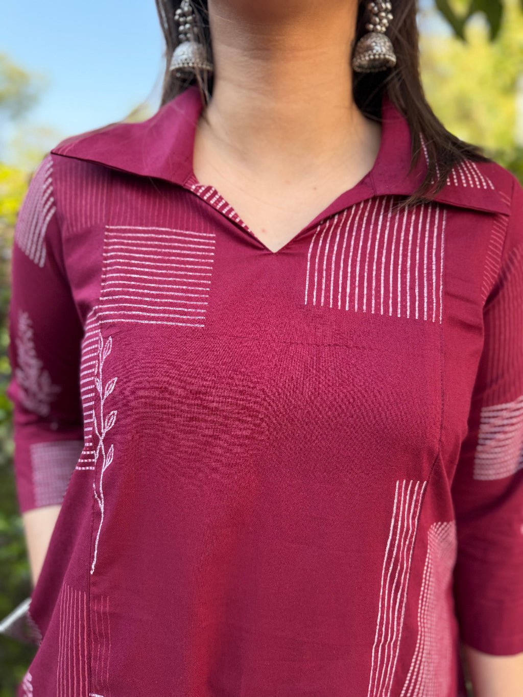 Dark Pink Geometric Collar Aline Kurta close up by MySanskritam