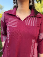 Dark Pink Geometric Collar Aline Kurta close up by MySanskritam