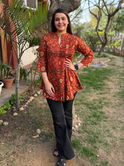 Brick Red floral Sanganeri pintucks top