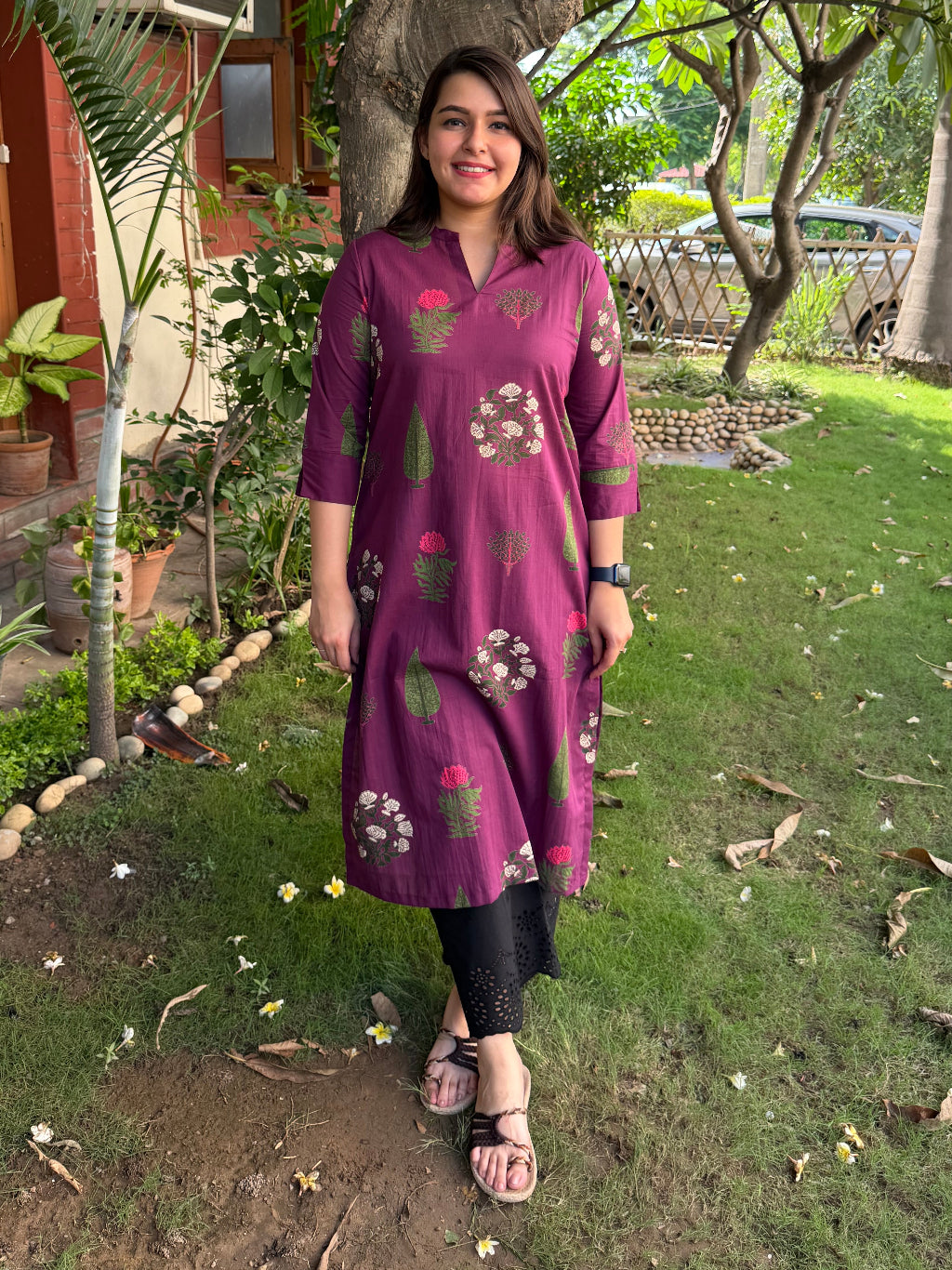 Wine Big Leaf Flower Ban-Neck Kurta by Sanskritam