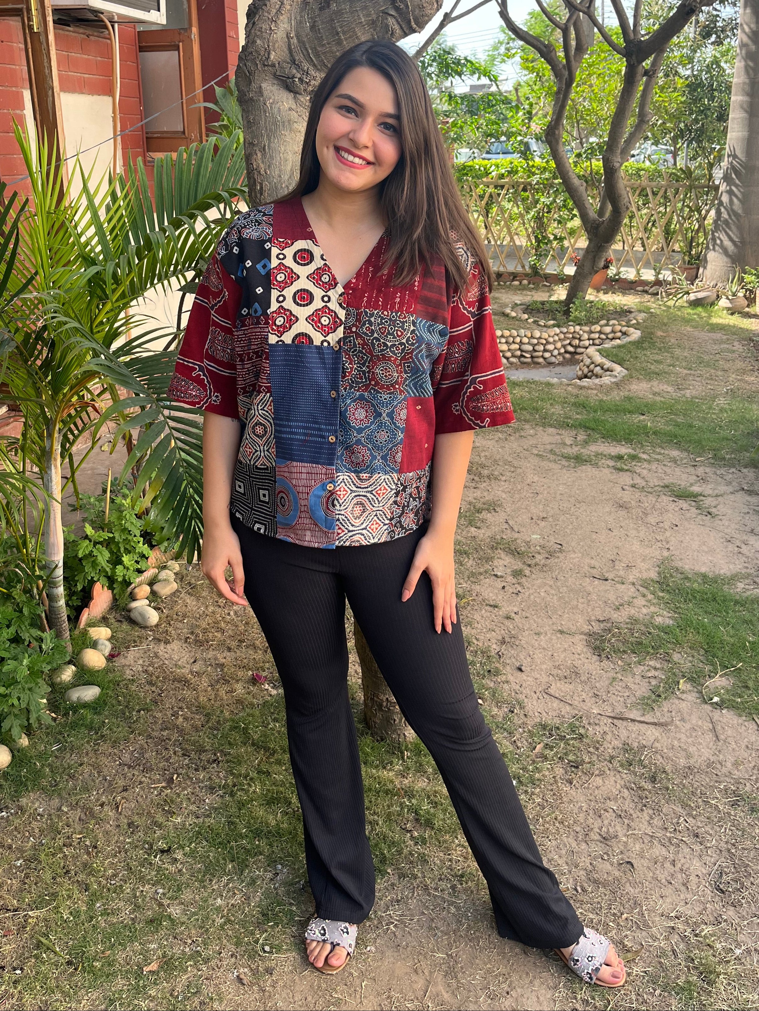 Ajrakh Patchwork Shirt (Maroon) - MYSANSKRITAM