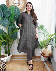 Brown lines muslin silk coord set