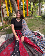 Maroon Multi kali skirt with Ajrakh cotton duppata