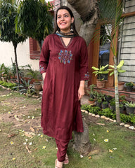 Maroon solid Patch work suit set