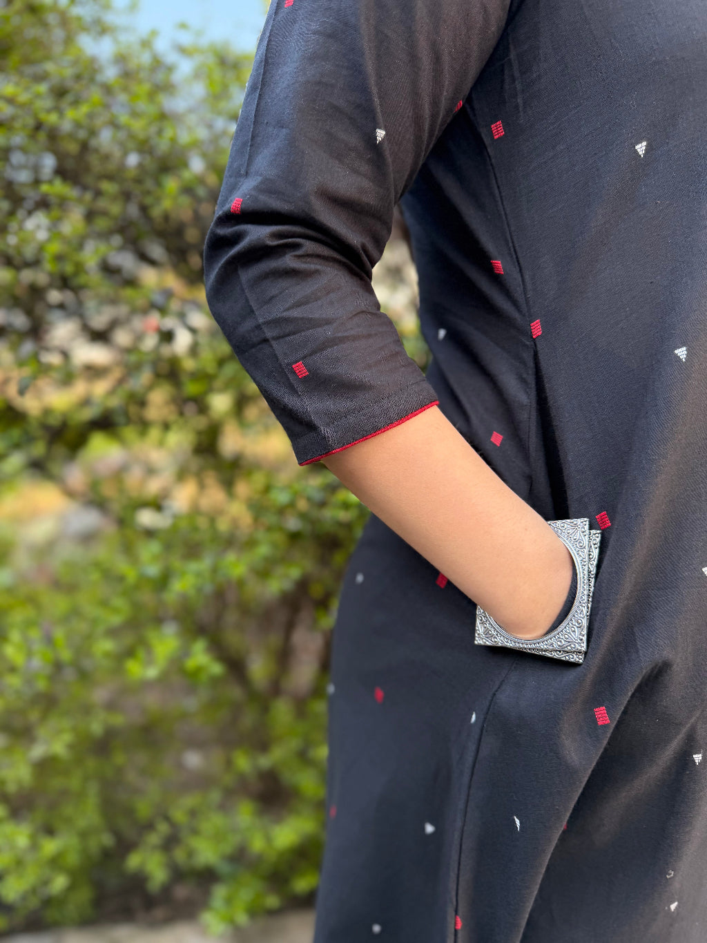 Black A-line South Cotton Kurta Pocket by Sanskritam