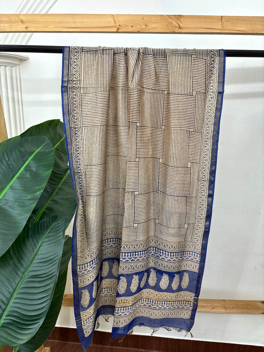 Cream blue checks chanderi duppata