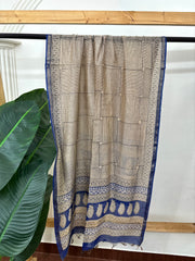 Cream blue checks chanderi duppata