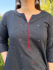 Black A-line South Cotton Kurta Only Neck Detail by Sanskritam