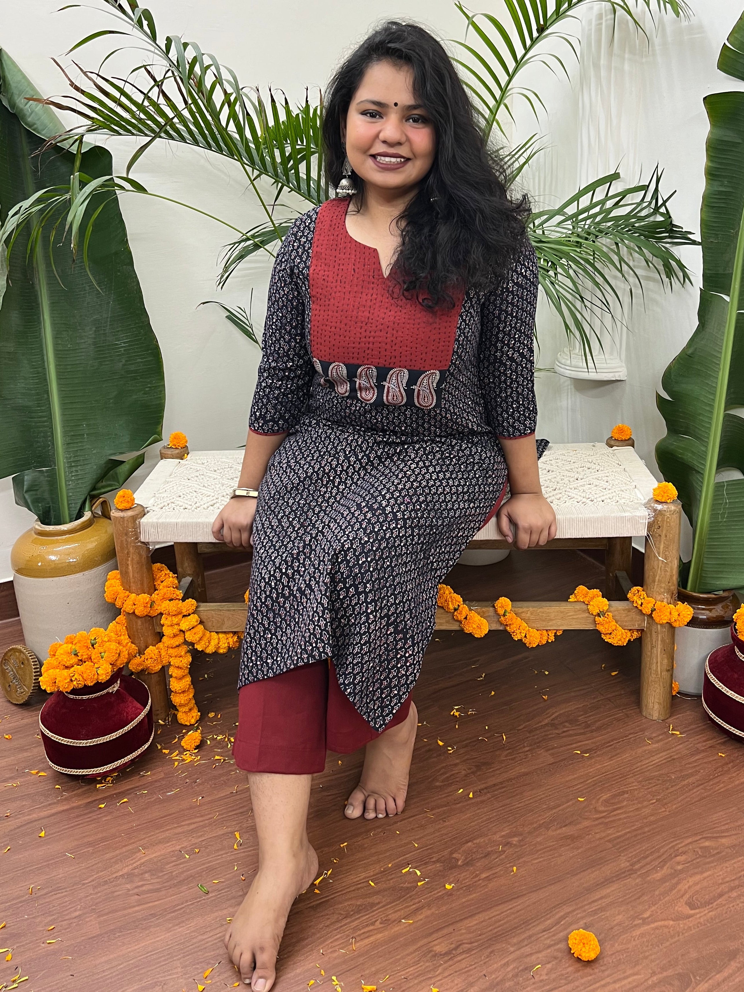 Black Choti buti Ajrakh Yoke kurta - MYSANSKRITAM