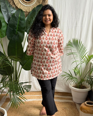 Cream Leaf Print Short Kurti