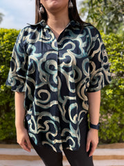 Blue abstract modal silk top