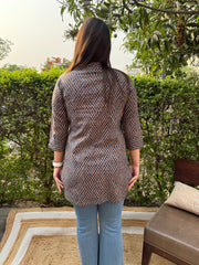 Blue beige geometric button kurti