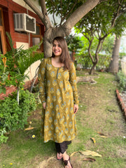 Mehendi green Ajrakh print A-Line Kurta with chudi sleeve - MYSANSKRITAM