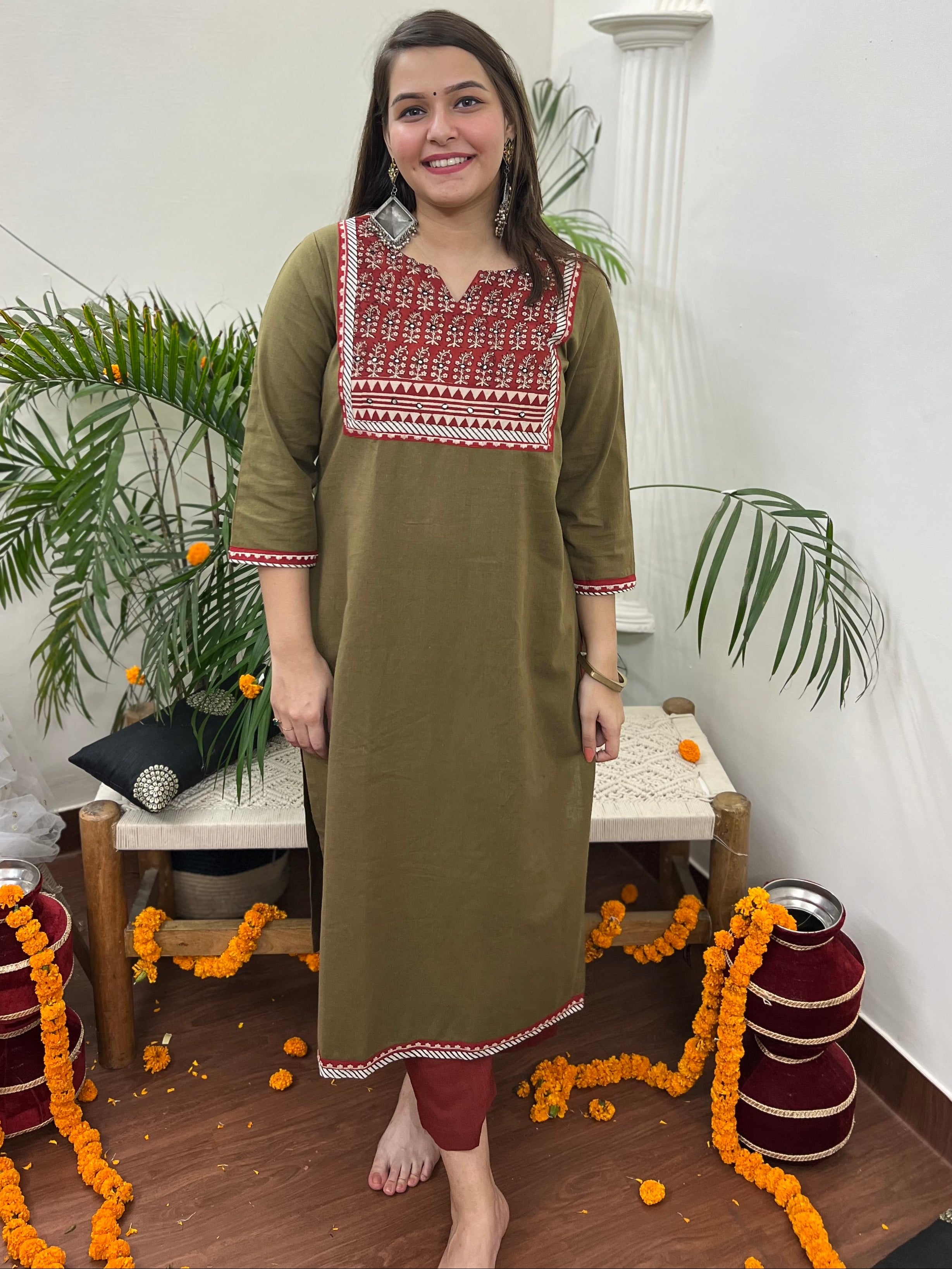 Mehendi embroidered yoke Long kurta - MYSANSKRITAM