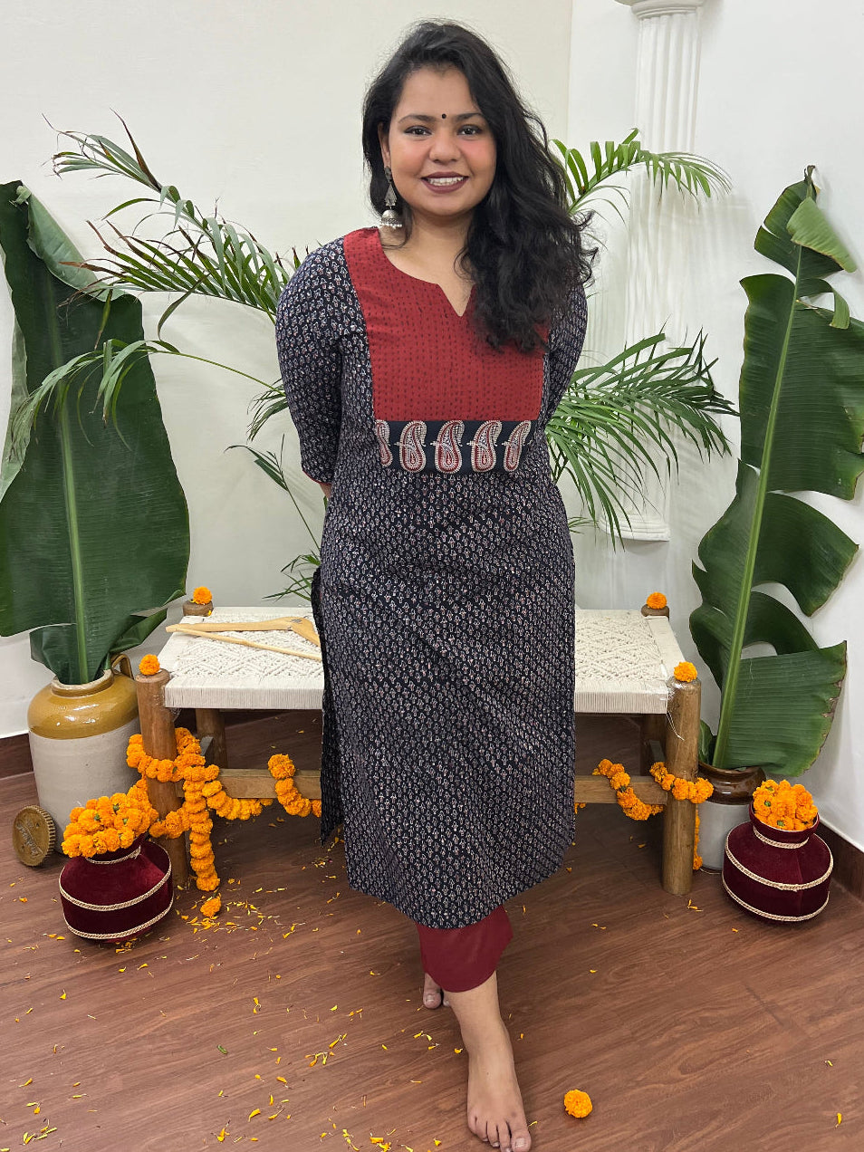 Black Choti buti Ajrakh Yoke kurta - MYSANSKRITAM
