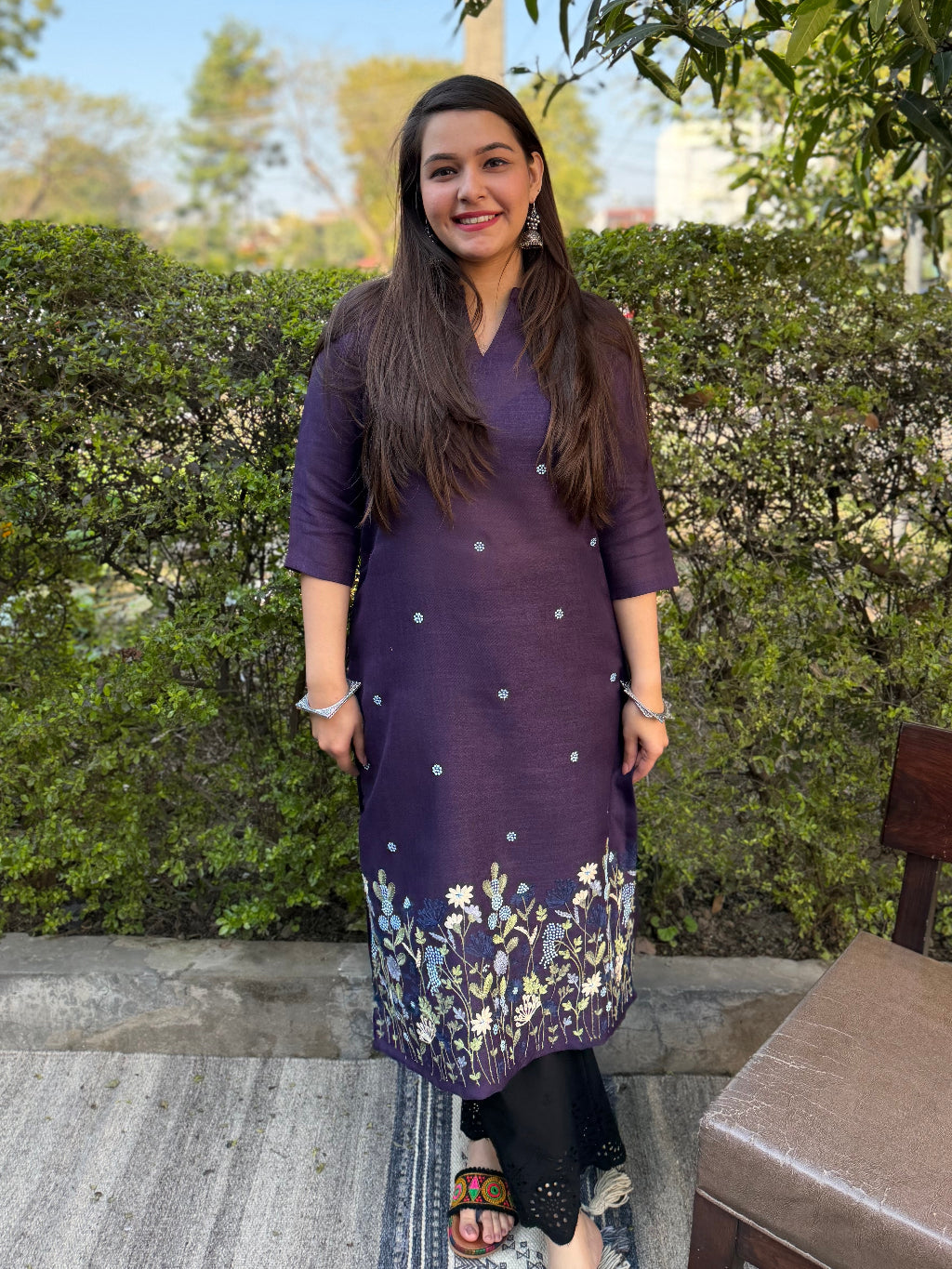 Purple embroidered Linen Kurta by MySanskritam