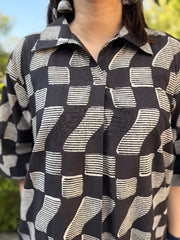 Black Geometric Free Flow Top close up by MySanskritam
