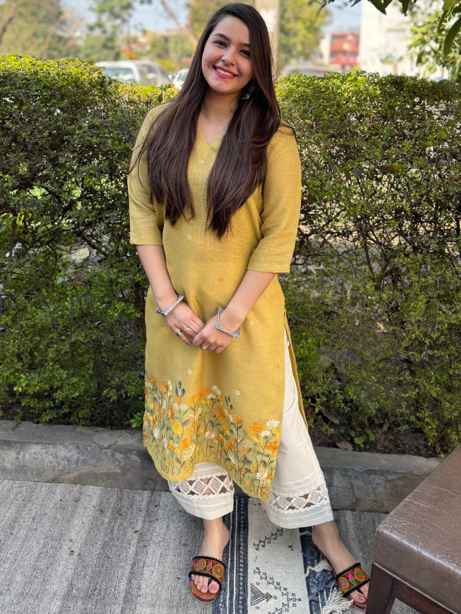 Lemon embroidered Linen Kurta by MySanskritam