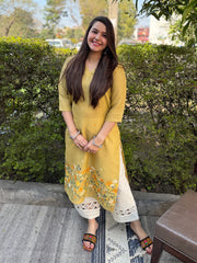Lemon embroidered Linen Kurta by MySanskritam
