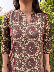 Ruhani Brown Rose Handblock Kurta close up by Sanskritam