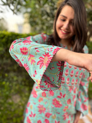 Sea green floral yoke kurti