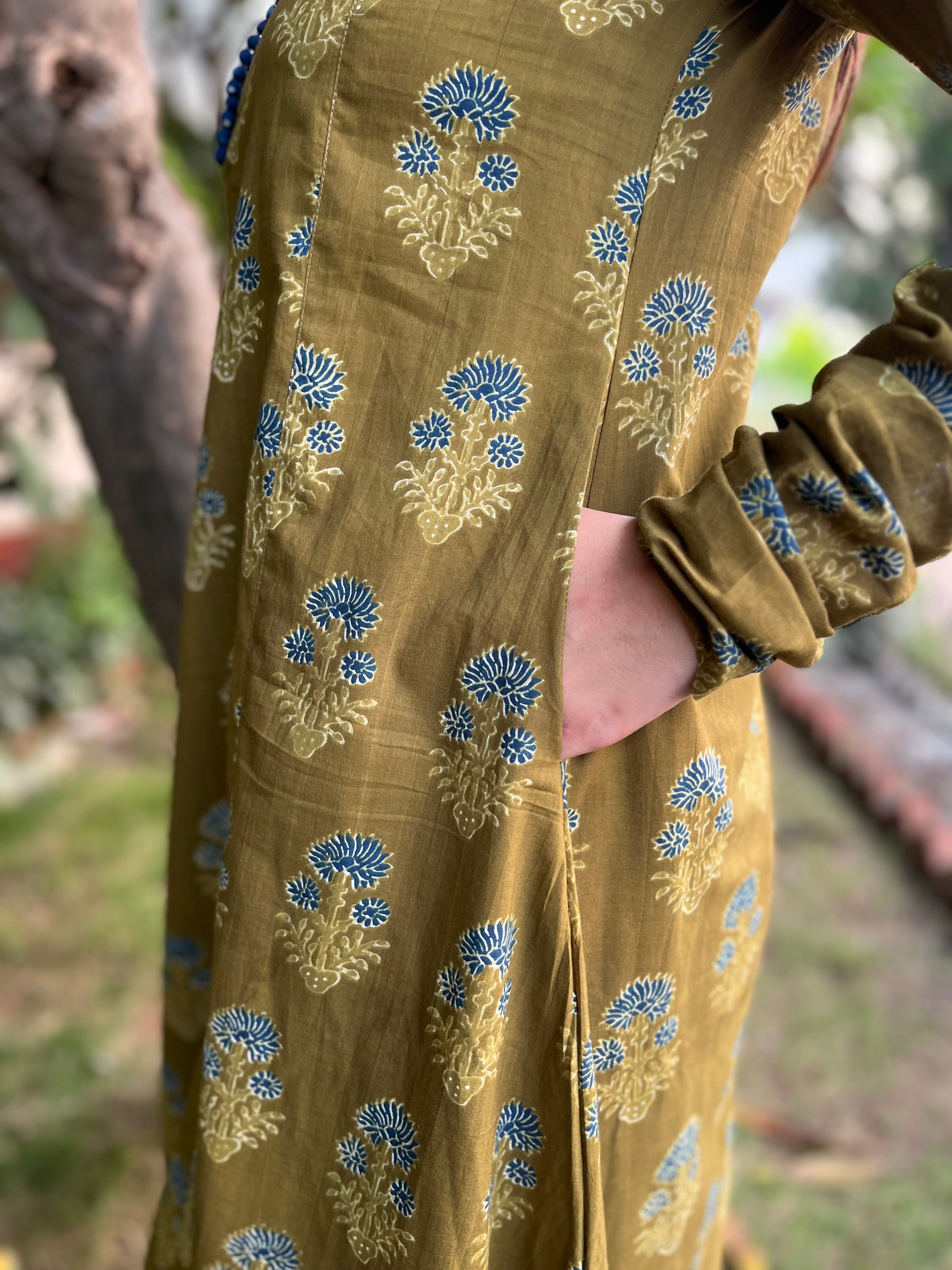 Mehendi green Ajrakh print A-Line Kurta with chudi sleeve - MYSANSKRITAM
