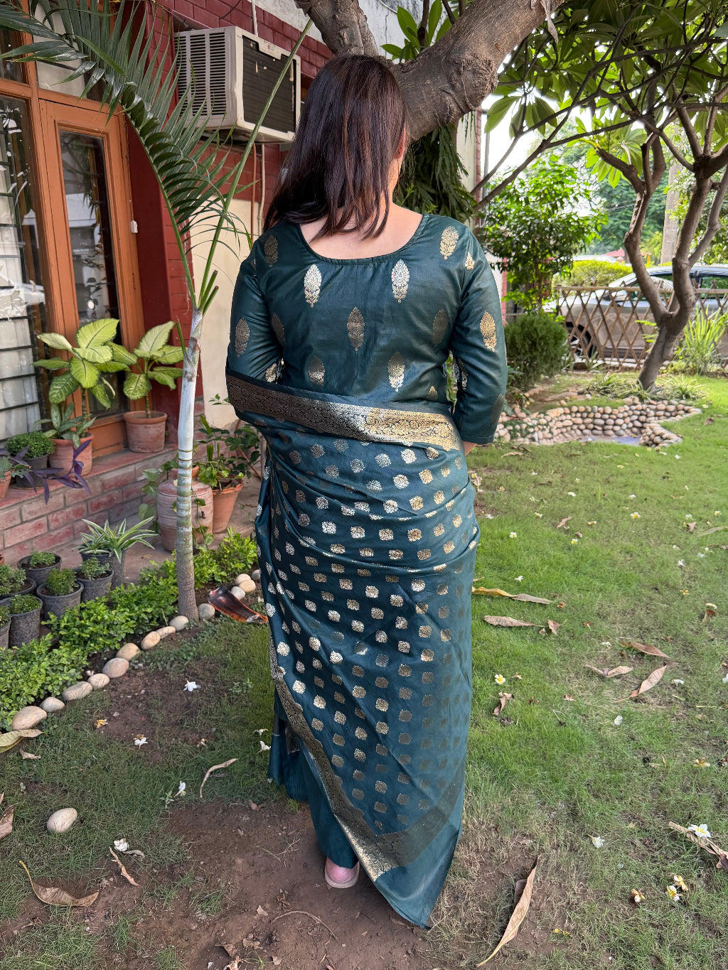 Bottle Green Banarsi Silk Suit Set from the back by MySanskritam