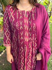 Magenta Ikkat Print Pintucks Suit Set by Sanskritam