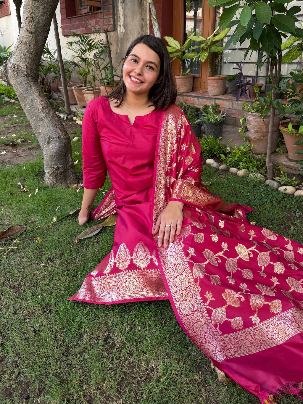Maroon Banarsi Full Suit Set by Sanskritam
