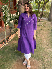 Purple embroidered yoke A-line kurta with pockets