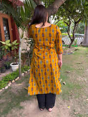 Deep mustard ikkat print kurta from the back by MySanskritam
